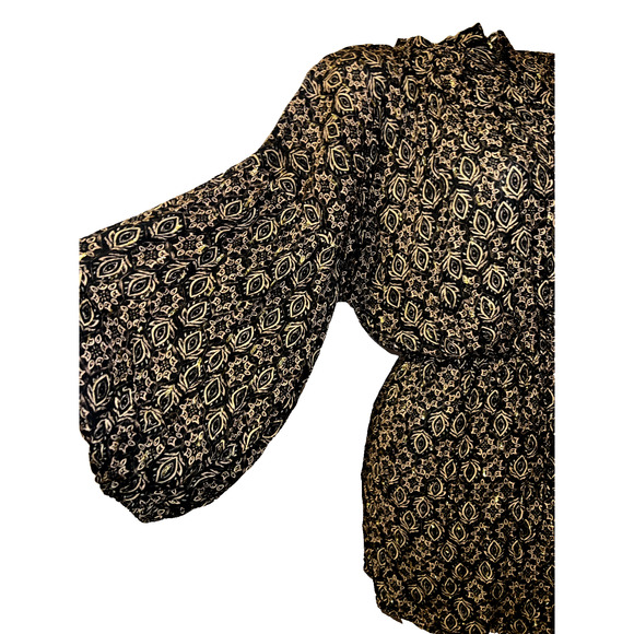 ZARA Size XS Black Brown Gold Metallic Balloon Sleeve Button Front Shirt Dress - Picture 6 of 10